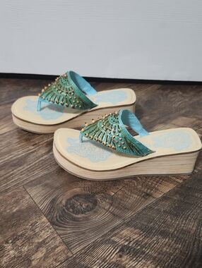 Skechers "Somethin Else" Turquoise Beaded Wedge Thong Sandals, Size 9